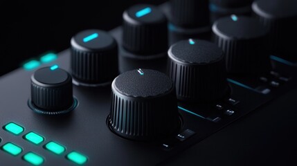 Close-up of a Professional Audio Mixer Console with Illuminated Buttons and Knobs