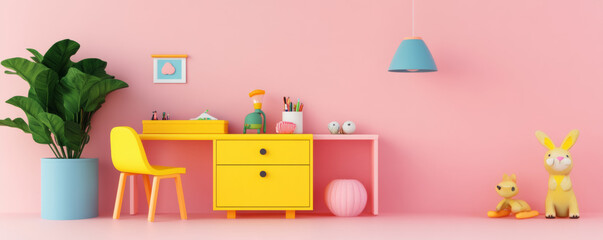 Bright and playful child room featuring vibrant yellow furniture, pink wall, and decorative items. space is inviting and cheerful, perfect for creativity and play