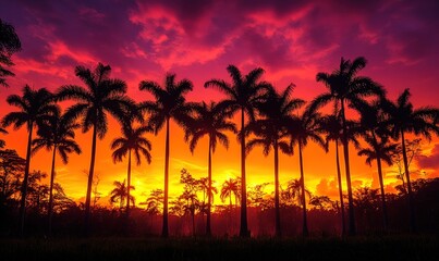 Fiery sunset silhouettes palm trees.