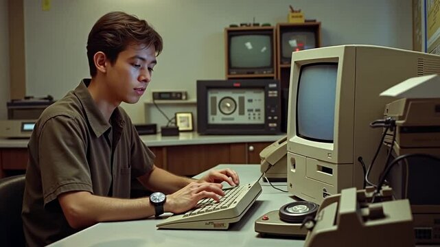 In the 1980s, a young professional works at a retro desk, deeply engaged with an early personal computer alongside rotary phone and floppy disks, highlighting technological evolution.