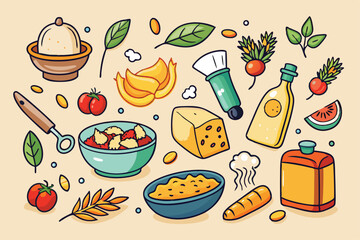 Hand-drawn macaroni icons are creatively arranged with fresh vegetables and kitchen tools Icons with different type of macaroni, Hand drawn cooking ingredients,