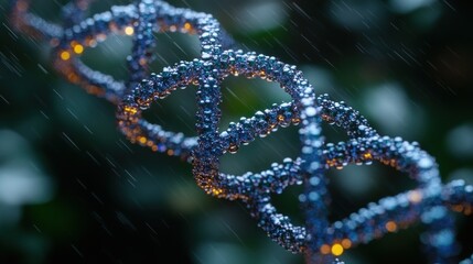 Fototapeta premium Close-up view of a DNA double helix structure with shimmering particles in a rain-soaked environment