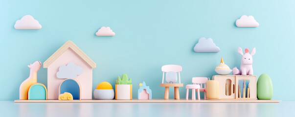 Obraz premium cozy Scandinavian style kids room mock up featuring colorful toys, plants, and decorative elements against light blue wall. playful arrangement creates cheerful atmosphere