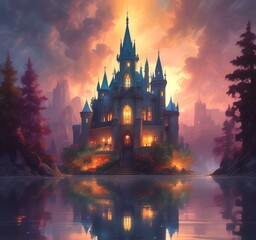 Illustration of glowing mystery tower castle in night.