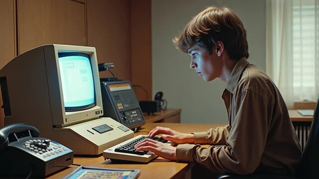 In the 1980s, a young professional works at a retro desk, deeply engaged with an early personal computer alongside rotary phone and floppy disks, highlighting technological evolution.