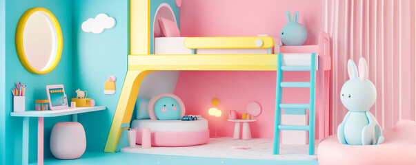charming pastel bedroom featuring loft bed, playful decor, and cute bunny characters. workspace is bright and inviting, perfect for creativity and relaxation