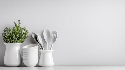White kitchenware and herb on shelf, minimalist background, food prep, blog