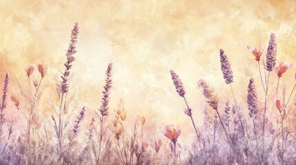 Fototapeta premium A minimalist watercolor artwork featuring soft washes of warm peach and lavender hues, blending naturally into a textured, neutral background, highly detailed 4K