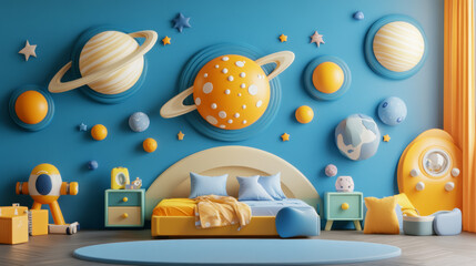 playful kids bedroom featuring space themed wall art, colorful furniture, and vibrant blue backdrop. design inspires imagination and creativity