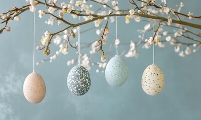 pastel Easter eggs hanging from a flowering branch, Generative AI