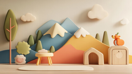 playful kids room featuring colorful mountainscape wall art, neutral furniture, and whimsical decor elements. design creates cheerful and inviting atmosphere for children
