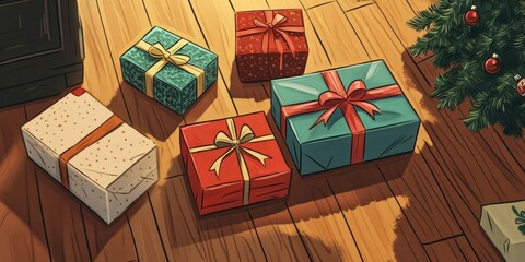 Cartoon-style gift presentation with colorful wrapped boxes in red, green, and white laid flat on a wooden floor next to a Christmas tree.
