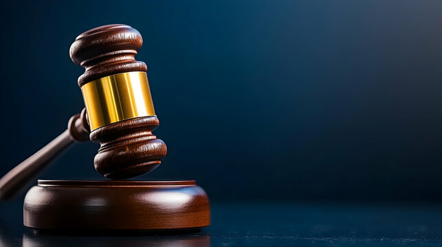 Gavel on stand, justice, law, dark background, legal concept, website banner