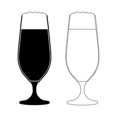 Icons of a glass of beer. Black silhouette and black outline of a glass on a thin stem. Oktoberfest. Alcoholic drink. Vector illustration for design and web.