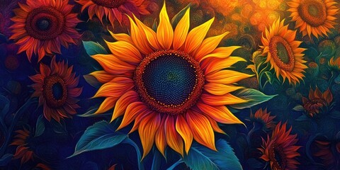 Vivid sunflower with orange and yellow petals centered against a deep blue field of sunflowers creating a striking and colorful composition.