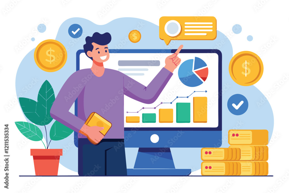 Poster a man points at a computer screen displaying graphs and charts in a bright office illustration of a 