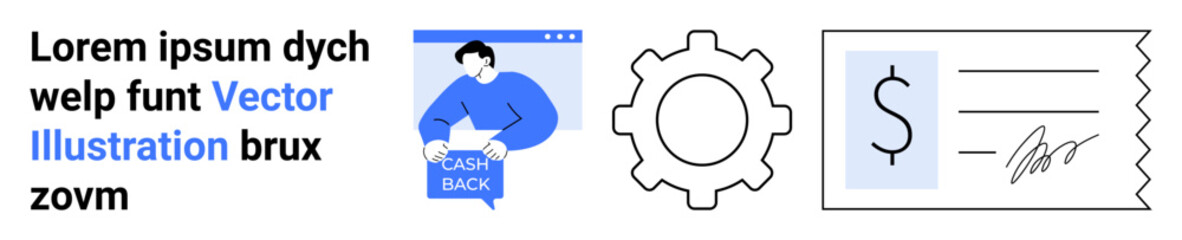 Text sample, person with Cash Back sign, settings gear, dollar sign on check. Ideal for finance apps, websites, promotional materials, infographics, user interfaces, business presentations