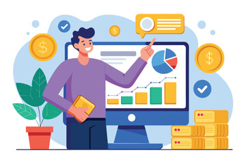 A man points at a computer screen displaying graphs and charts in a bright office Illustration of a man pointing at a computer screen with graphs and coins