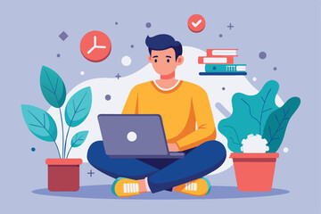 A young man works intently on his laptop in a relaxed, plant-filled environment illustration of a man sitting at a computer with a laptop in his lap