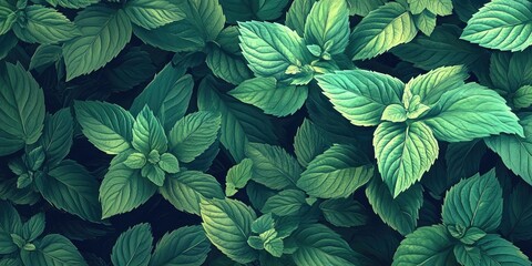 Fototapeta premium Lush green mint leaves densely layered on a dark background, showcasing intricate textures and varying shades of vibrant green hues.