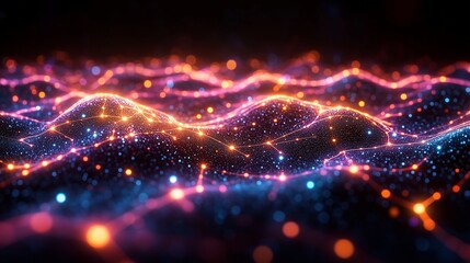 Obraz premium Abstract flowing digital data waves. Luminous network, glowing particles, connection concept. Orange, blue, purple hues