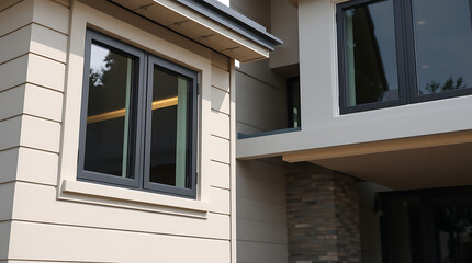 Modern Home Exterior: Sleek Windows and Architectural Design. High-end real estate, contemporary architecture, new construction, home design, window details.