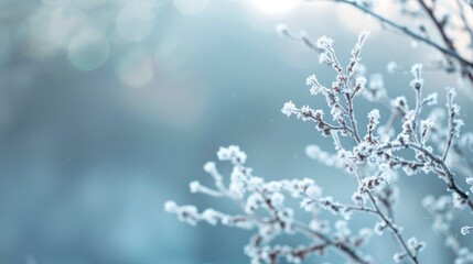 Frosty Branches in Winter Wonderland Scene Captured with Soft Focus, Glimmering Snowflakes and Stunning Bokeh Effect Creating a Serene Atmosphere of Nature's Beauty