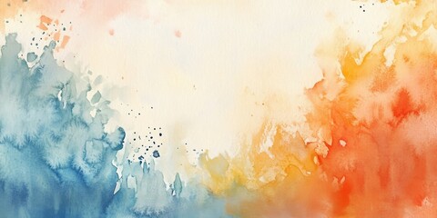 Watercolor abstract background with blue, orange, and yellow hues blending from left to right creating a soft blank space for text.