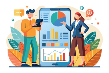 A woman points at a chart while a man reviews data on a tablet in an engaging discussion Illustration of a woman and a man looking at charts on the phone