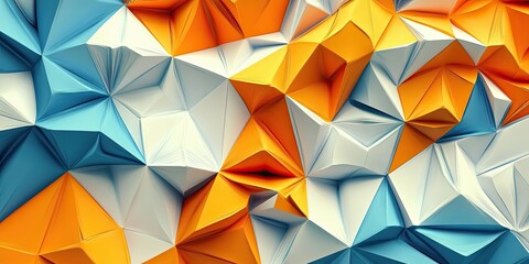 Three dimensional geometric pattern featuring shades of orange, blue and white with a dynamic, textured backdrop of sharp triangular shapes.