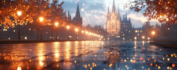 Fototapeta premium A serene evening scene featuring a glowing pathway lined with trees, leading to a majestic castle illuminated by soft lights.