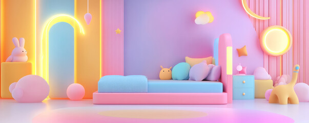 Fototapeta premium vibrant children room featuring modern bed with LED lighting, playful decor, and soft pastel colors. space is cheerful and inviting, perfect for creativity and relaxation