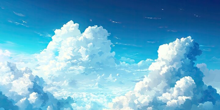 Majestic expanse of bright azure sky with fluffy white clouds positioned across the top and middle, creating a serene and uplifting atmosphere