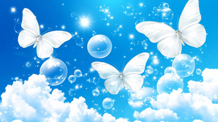 White butterflies and bubbles in bright blue sky