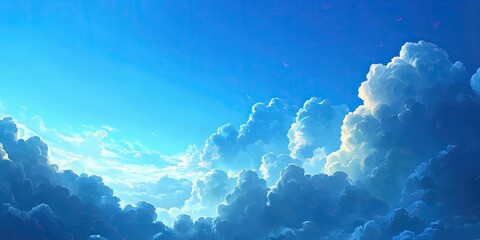 Vibrant blue morning sky with fluffy white clouds in soft layers drifting across the horizon creating a serene and uplifting atmosphere