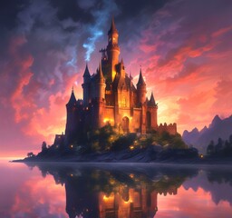 Fototapeta premium Illustration of glowing mystery tower castle in night.