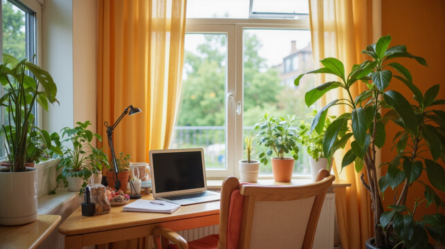 Home office workspace with laptop on wooden desk, green plants, yellow curtains, bright natural light, cozy and inviting atmosphere, productivity