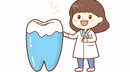 Happy dentist presenting large healthy tooth; clean background; dental care illustration