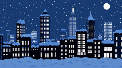 Snowy cityscape with illuminated buildings at night