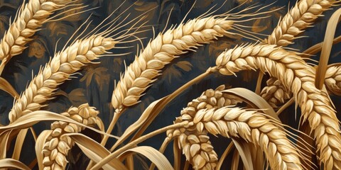 Golden wheat ears arranged artfully against a rich blue and dark brown background, showcasing intricate details and textures in the grains.