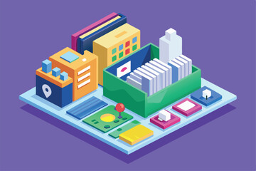 Obraz premium An organized workspace features file boxes, stationery, and office supplies in a vibrant isometric design Image folder Customizable Isometric Illustration