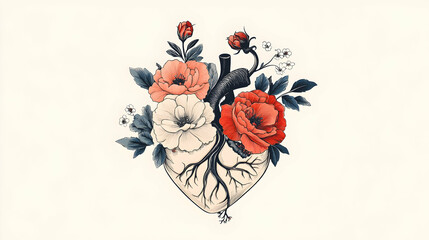 Heart with flowers, anatomical illustration, white background, medical or artistic use