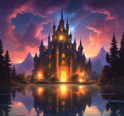 Illustration of glowing mystery tower castle in night.
