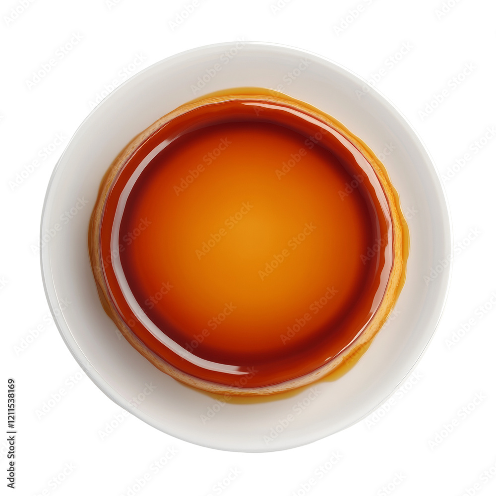 Poster a top view shows a delicious caramel flan dessert on a white plate the flan is smooth and glossy wit