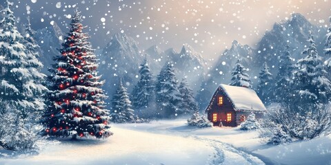 Snowy winter landscape featuring a cozy cabin with illuminated windows amid snow-covered evergreen trees, colorful Christmas tree, and gentle snowfall.