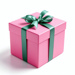 Obraz premium Side view of a pink gift box tied with a green ribbon, isolated on a white background. Ideal for holiday, birthday, and special occasion themes.