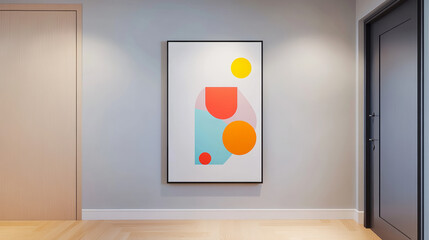 Modern Scandinavian hallway featuring sleek design and simple artwork. vibrant geometric shapes in artwork add pop of color to neutral walls, creating welcoming atmosphere