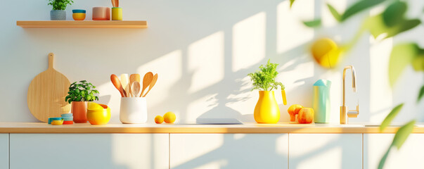 Bright and modern Scandinavian kitchen with white cabinets, wooden accents, colorful utensils, and fresh fruits. sunlight creates warm and inviting atmosphere
