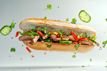 Vietnamese Banh Mi with Pork and Fresh Vegetables.