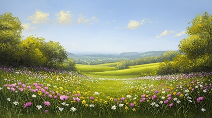 Tranquil Meadows with Colorful Wildflowers and Lush Green Hills